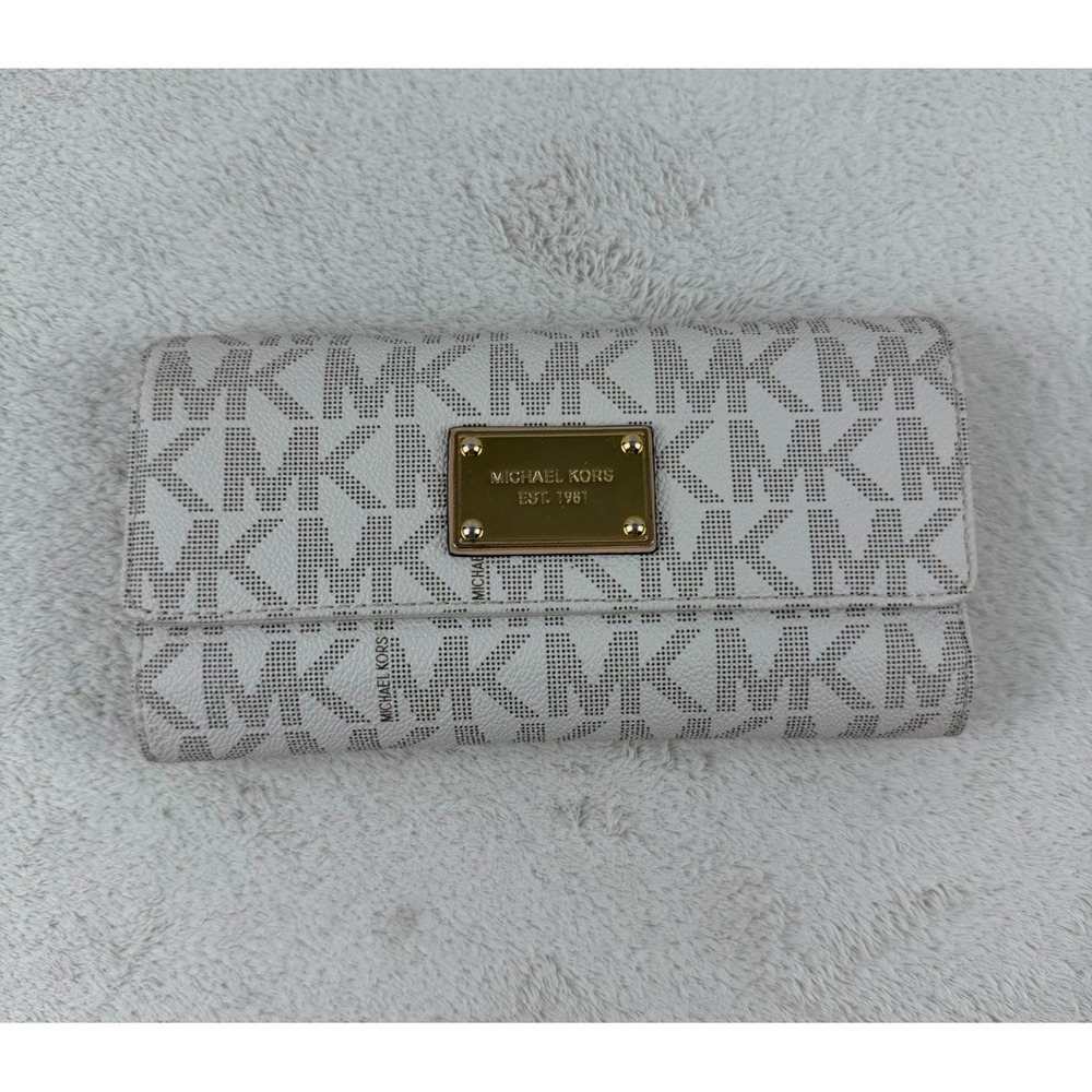 Michael Kors Checkbook Wallet Large Jet Set Travel Signature Vanilla Monogrammed